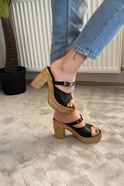 Preshley Women's Rina Black 10 cm Platform Heeled Cork Sole Slippers & Sandals K-840