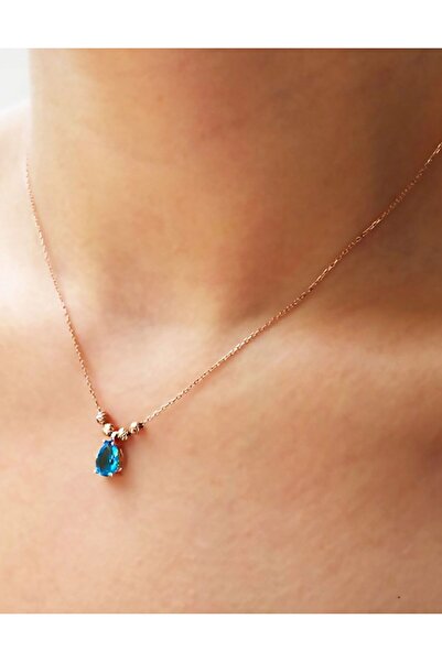 Papatya Silver Mavi Taşlı Dorica Kolye. Rose Altın Kaplama 925 Ayar Gümüş Kolye.