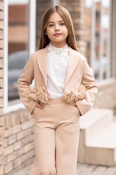 Riccotarz Girl's Flower Brooch Detailed Blazer Jacket Halter Collar Stone Detailed Blouse Cream Bottom Top Suit