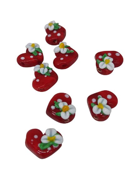 PARACORD Murano Glass Beads Red Heart Flower 5Pcs