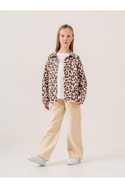 Zekids Girl's Leopard Patterned Denim Jacket T-Shirt Set