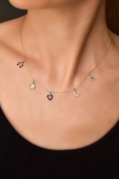 Papatya Silver 925 Ayar Gümüş Gold Kaplama Göz Mineli Zirkon Taşlı Şans Kolye