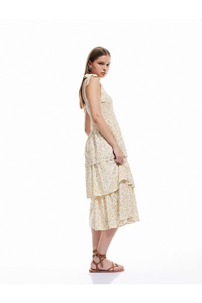Koton Φιόγκος με λουράκι με στρώσεις Gimped U-Neck Floral Viscose Midi φόρεμα