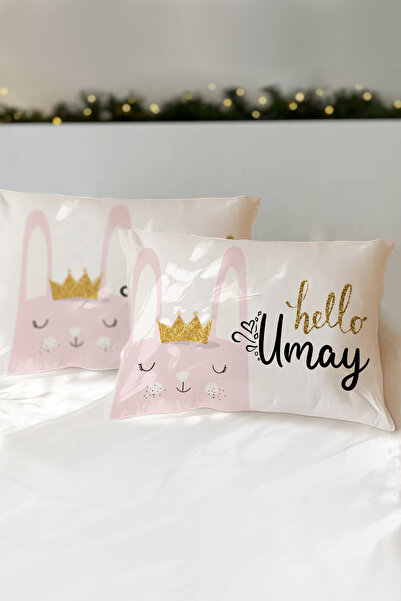 Homamia İsme Özel Baskılı %100 Pamuk Çocuk Yastık Kılıfı (50x70) Pembe Tavşan