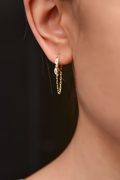 Papatya Silver 925 Ayar Gümüş Gold Kaplama Iki Taşlı Zincir Sallantılı Halka ...