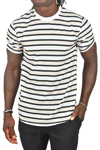 Rizz up تي شيرت رجالي من الليكرا بتصميم أفقية مخططة باللون البيج وياقة دائرية...