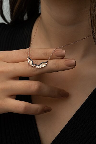 Papatya Silver Kanat Kolye Siyah Nano Zirkon Taşlı Rose Gold Kaplama 925 Ayar...