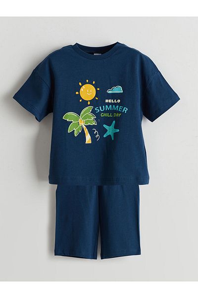 LC Waikiki Lcw Eco Navy Blue Crew Neck Boy's Pajamas Set with Shorts