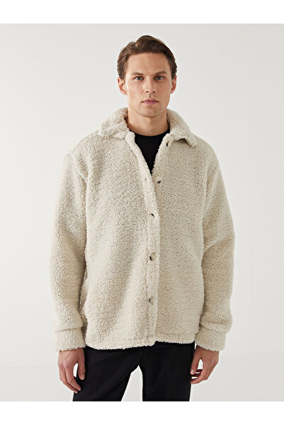 LC Waikiki Jachetă pentru bărbați din pluș cu mâneci lungi, confortabilă, ecru