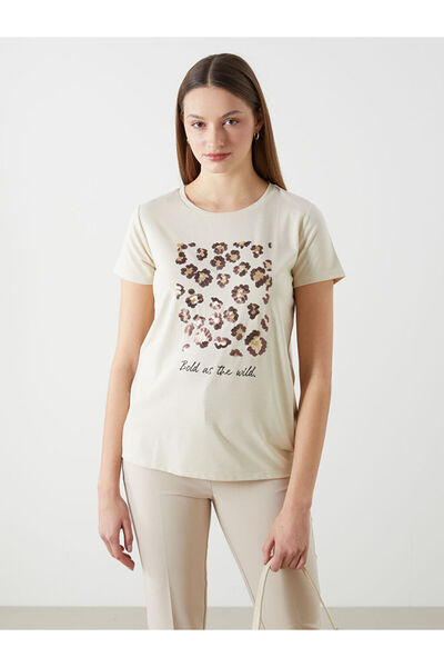 LC Waikiki Μπεζ γυναικείο μπλουζάκι με λαιμόκοψη ποδηλάτου και παγιέτες