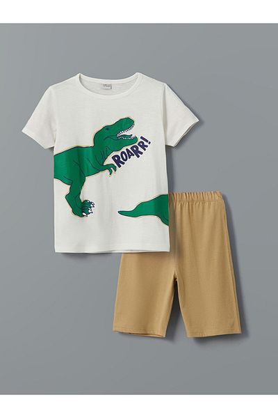 LC Waikiki New Season Crew Neck Dinosaur Printed Boys' Shorts Pajama Set - S5Lb34Z4