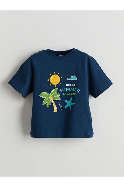 LC Waikiki Lcw Eco Navy Blue Crew Neck Boy's Pajamas Set with Shorts