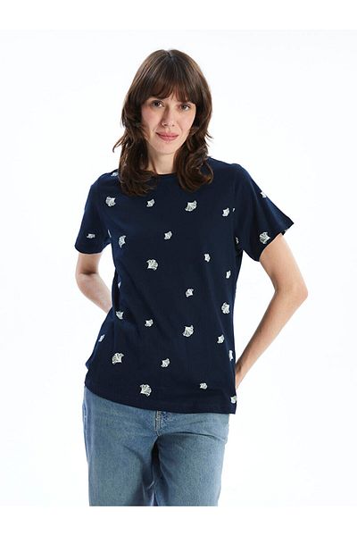 LC Waikiki Blue Crew Neck Printed Women's T-Shirt