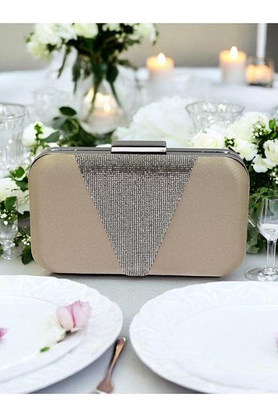 Biçanta Nude Color Satin Silver Stone Βραδινό Τσάντα Βραδινή Τσάντα Αρραβώνα Τσάντα Γάμου