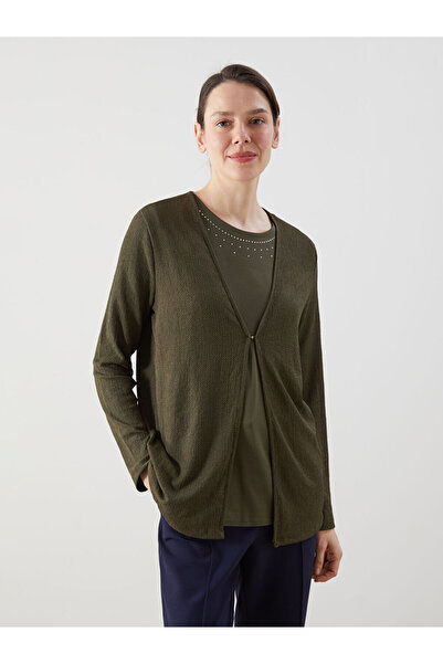 LC Waikiki Khaki V-Neck Women's Cardigan and Rhinestone Undershirt