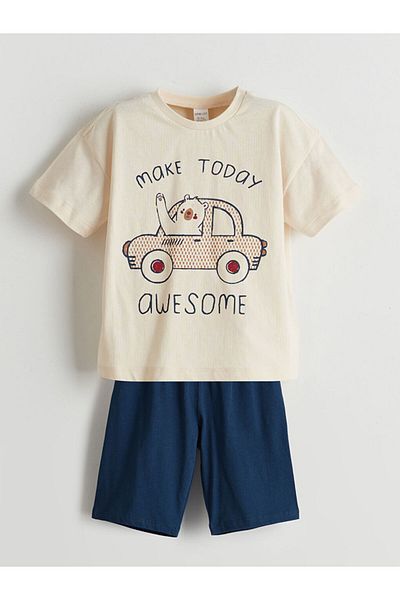 LC Waikiki Lcw Eco Beige Crew Neck Boy's Pajama Set with Shorts