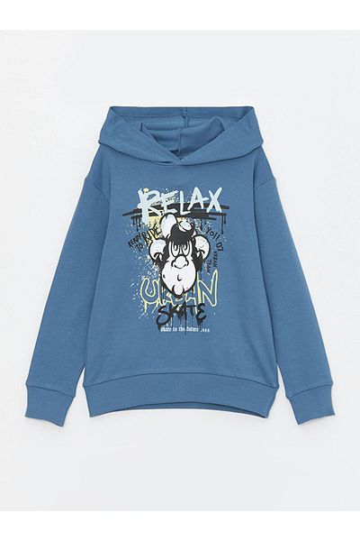 LC Waikiki Tricou cu mânecă lungă pentru băiat, cu glugă, cu imprimeu nostalgic, maimuță, sezon nou - S4BY59Z4