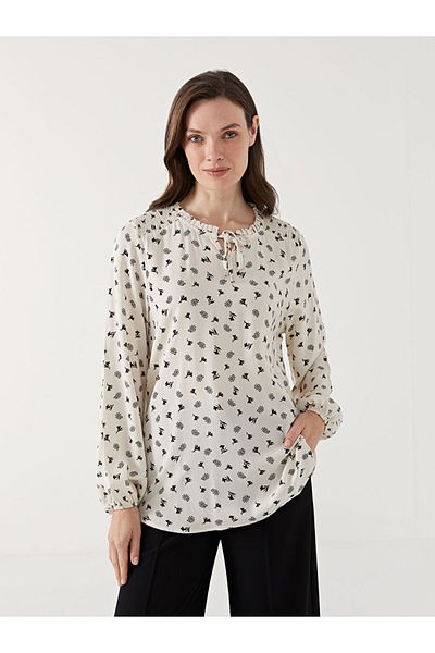 LC Waikiki Grace Blue Tie Collar Patterned Women's Blouse