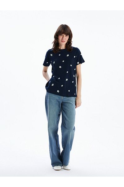 LC Waikiki Blue Crew Neck Printed Women's T-Shirt
