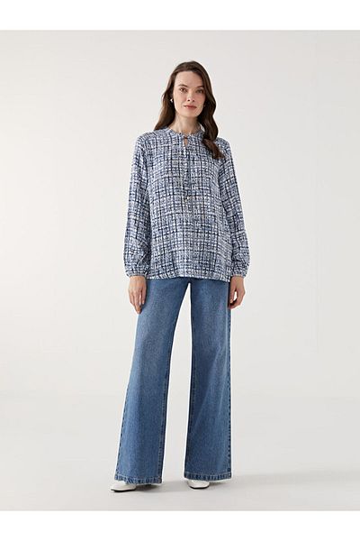 LC Waikiki Grace Blue Tie Collar Patterned Women's Blouse