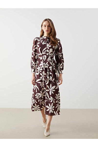 LC Waikiki Lcwaikiki Classic Brown Crew Neck Floral Women's Dress