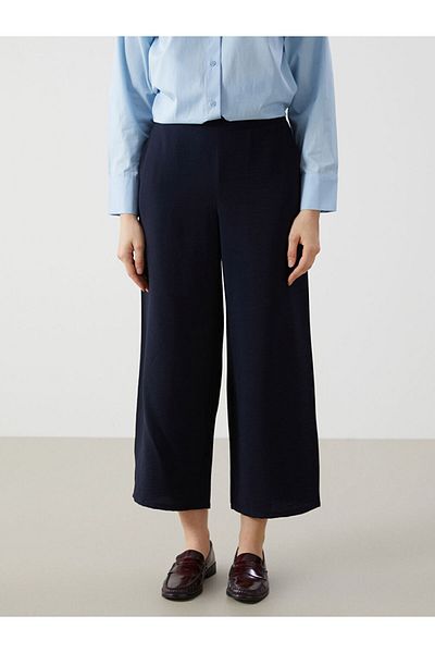 LC Waikiki Dark Navy Blue Elastic Waist Wide Leg Women's Trousers