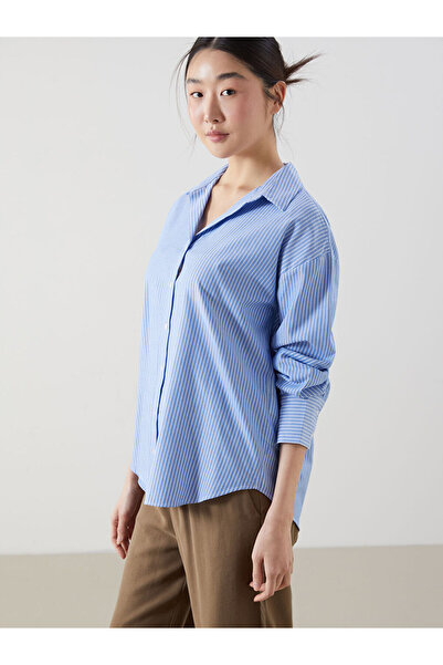 LC Waikiki Blue Striped Oversize Poplin Women's Shirt