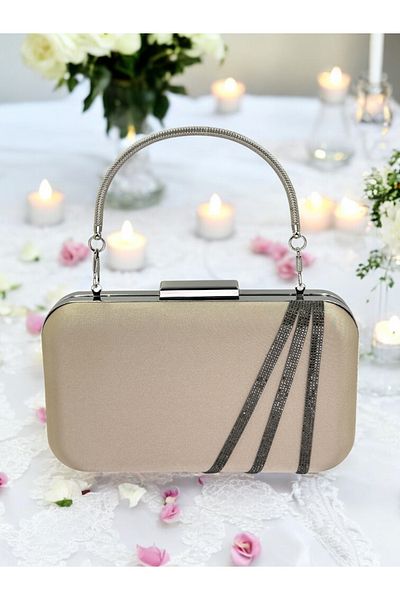 Biçanta Nude Color Satin Platinum Stone Βραδινό Τσάντα Βραδινή Τσάντα Αρραβώνα Τσάντα Γάμου