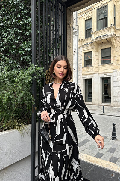 Mezka Kadın Siyah & Beyaz Uzun Kol, Kemerli, Yırtmaçlı, Uzun Viskon Gömlek Elbise