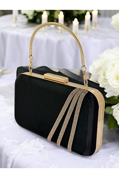 MidStore Black Color Satin Rosegold Stone Evening Dress Bag Evening Bag