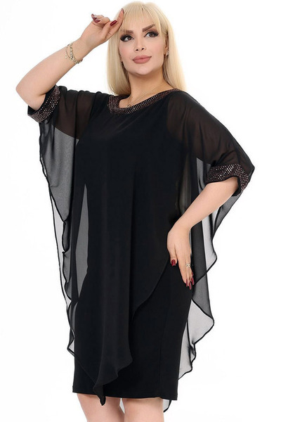 MissThetis Yuvarlak Yaka Yarım Kol Tül Pelerinli Kol Ucu ve Yaka Taş İşlemeli Şık Cool Dökümlü Midi Boy Elbise