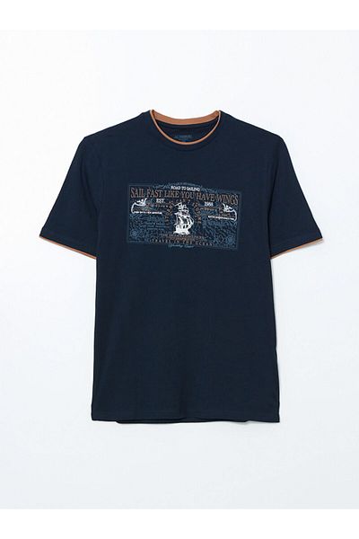 LC Waikiki Navy Blue Crew Neck Short Sleeve Printed Combed Cotton Men's T-Shirt