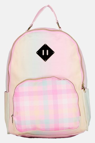 Emma & Chloe Kids Girl Plaid Leather Backpack 41 H x 30 x 14 W cm, Pink Combo