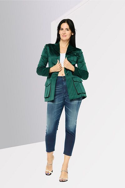 Emporio Armani Women Regular Fit Abstract Blazer, Green/black