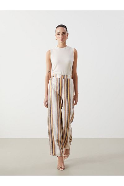 LC Waikiki Elastic Waist Striped Linen Blended Women's Trousers