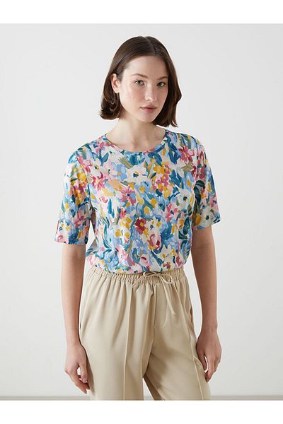 LC Waikiki LCW Damen-T-Shirt mit Rundhalsausschnitt und Blumenmuster