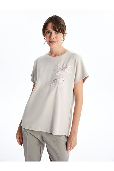 LC Waikiki Gray Crew Neck Embroidered Women's T-Shirt