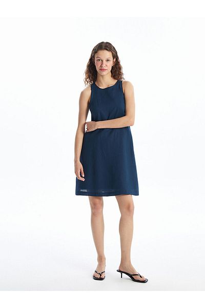 LC Waikiki Lcw Crew Neck Plain Linen Blend Women's Dress Fast Fashion