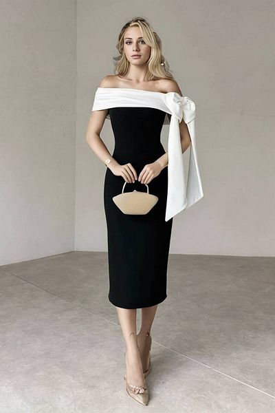 modalev Belted Brıanna Double Color Midi Ribbon Detail Stylish Dress