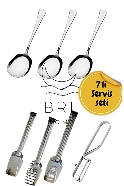 BRE HOME Set of 7 Steel Serving Spoons Side Peeler Steel Pasta Salad Pastry Tongs