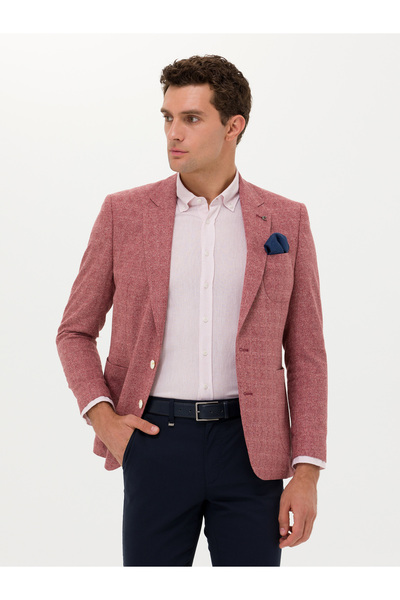 Cacharel Burgundy Slim Fit Wool Linen Blend Jacket 50264751-Vr014