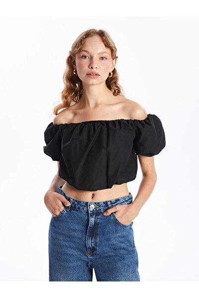 LC Waikiki Дамска блуза с черна лодка яка, права кройка и къси ръкави