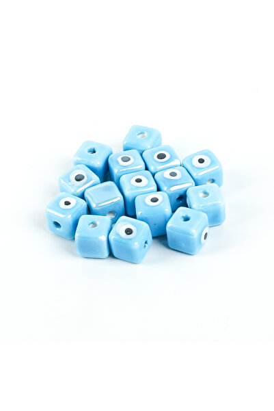 yfhobi 1 Adet - 10 mm Küp Nazar Desenli Porselen Boncuk, Açık Mavi Renk Porse...