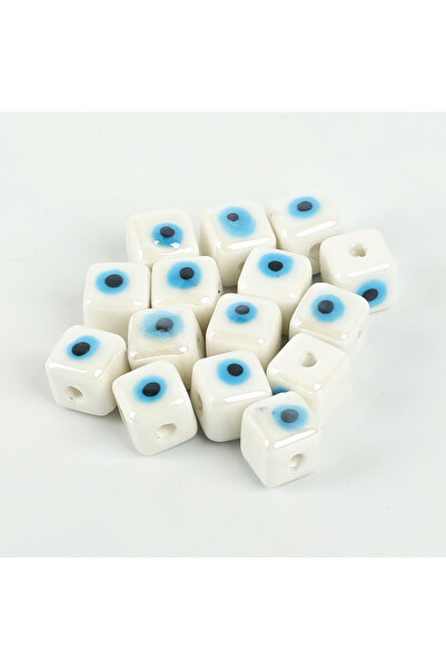 yfhobi 1 Adet - 10 mm Küp Nazar Desenli Porselen Boncuk, Beyaz Renk Porselen ...