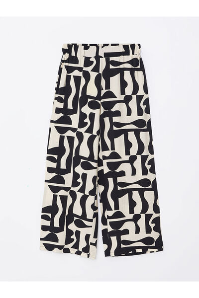 LC Waikiki Bílé vzorované široké dámské kalhoty s elastickým pasem