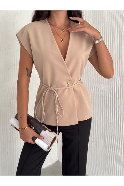 Meros Atelier Women's Beige Lined Vest with Buttoned Front and Lacing Detail