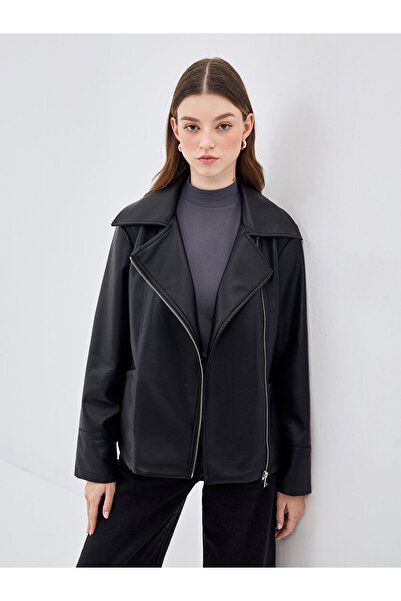 LC Waikiki Black Biker Collar Women's Leather Look Jacket