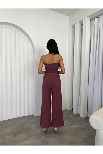 Meros Atelier Kadın Mürdüm Rengi Straplez Ön Büzgülü Bluz Salaş Rahat Pantolon İkili Takım