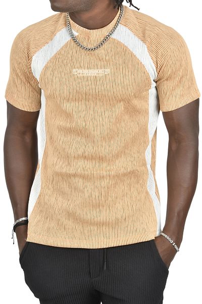 Rizz up Men's Beige Slim Fit Lycra T-Shirt with Writing on the Front and Stripes on the Sides 2403231