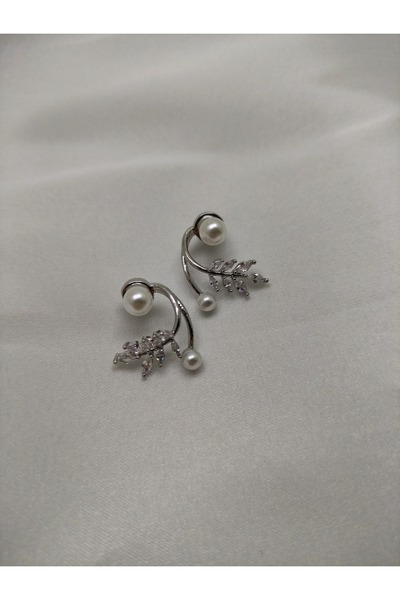 Pera İNCİ TIPALI ZİRKON YAPRAK SILVER KÜPE